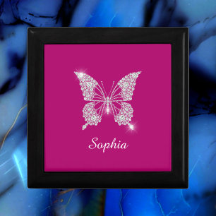White Diamond Butterfly, Script Name, Deep Fuchsia Gift Box