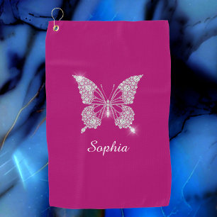 White Diamond Butterfly, Script Name, Deep Fuchsia Golf Towel