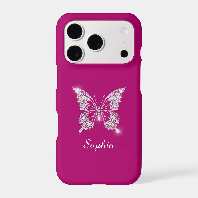 White Diamond Butterfly, Script Name, Deep Fuchsia Iphone Case (Back)