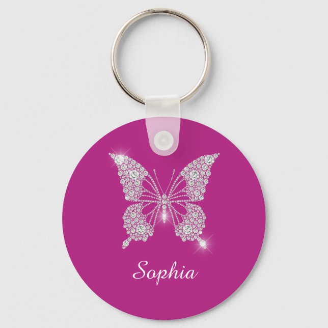White Diamond Butterfly, Script Name, Deep Fuchsia Keychain (Front)