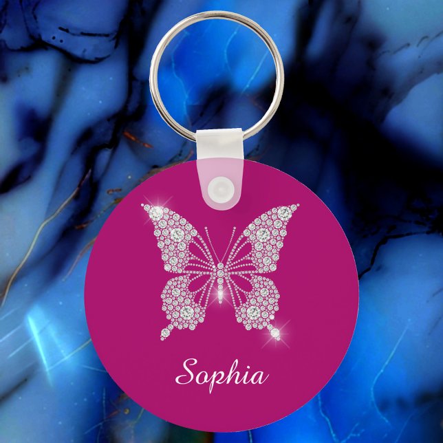 White Diamond Butterfly, Script Name, Deep Fuchsia Keychain (Creator Uploaded)