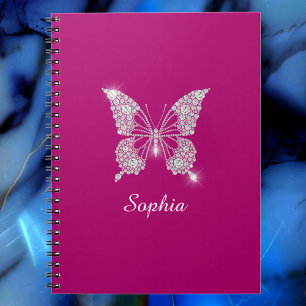 White Diamond Butterfly, Script Name, Deep Fuchsia Notebook