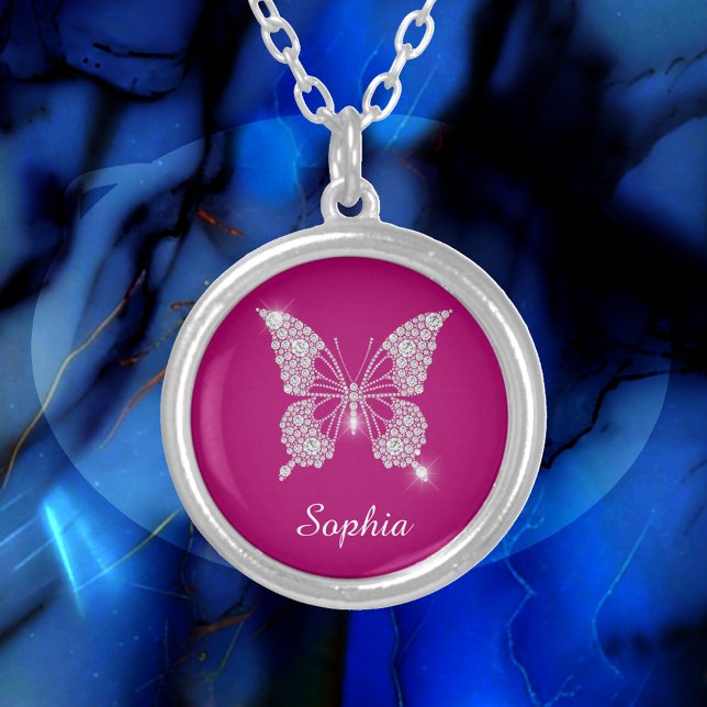 White Diamond Butterfly, Script Name, Deep Fuchsia Silver Plated Necklace (Creator Uploaded)