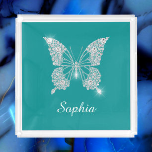 White Diamond Butterfly, Script Name, Deep Teal Acrylic Tray