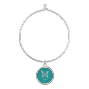White Diamond Butterfly, Script Name, Deep Teal Bangle Bracelet