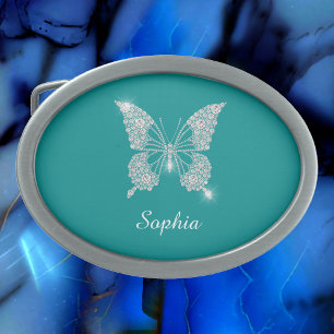 White Diamond Butterfly, Script Name, Deep Teal Belt Buckle