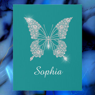 White Diamond Butterfly, Script Name, Deep Teal Faux Canvas Print
