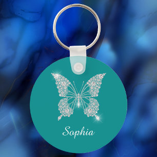 White Diamond Butterfly, Script Name, Deep Teal Keychain