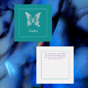 White Diamond Butterfly, Script Name, Deep Teal Note Card