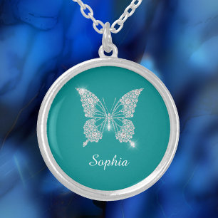 White Diamond Butterfly, Script Name, Deep Teal Silver Plated Necklace