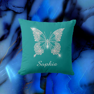 White Diamond Butterfly, Script Name, Deep Teal Throw Pillow