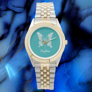 White Diamond Butterfly, Script Name, Deep Teal Watch