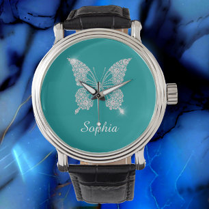 White Diamond Butterfly, Script Name, Deep Teal Watch