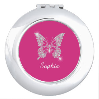 White Diamond Butterfly, Script Name, Fuchsia Compact Mirror
