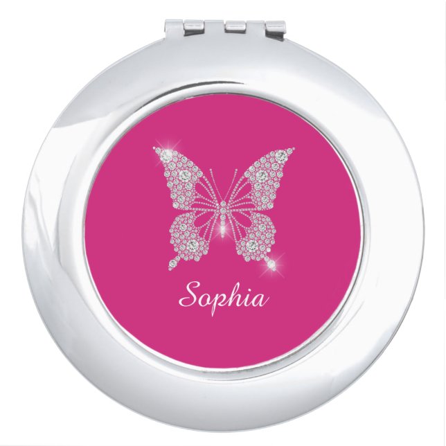 White Diamond Butterfly, Script Name, Fuchsia Compact Mirror (Front)
