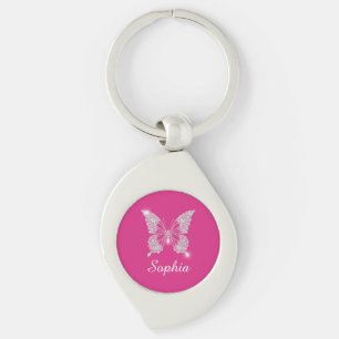 White Diamond Butterfly, Script Name, Fuchsia Keychain