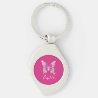 White Diamond Butterfly, Script Name, Fuchsia Keychain