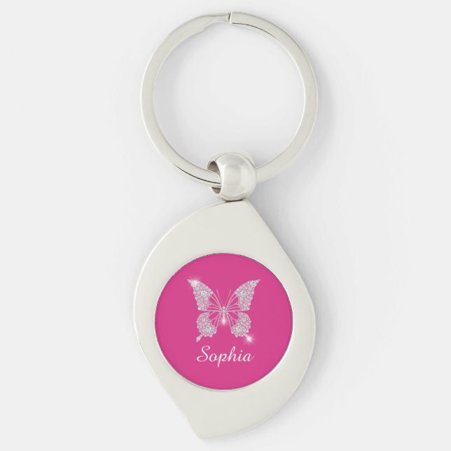 White Diamond Butterfly, Script Name, Fuchsia Keychain (Front)