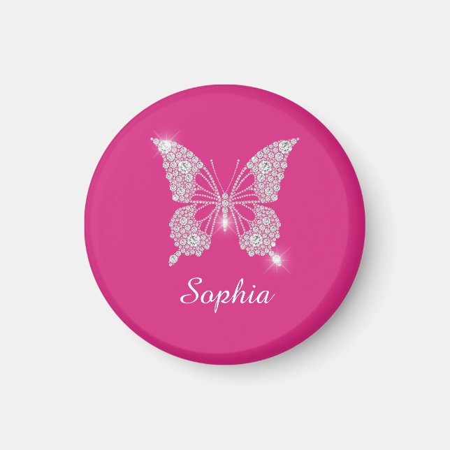 White Diamond Butterfly, Script Name, Fuchsia Magnet (Front)