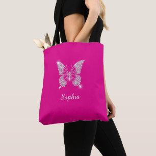 White Diamond Butterfly, Script Name, Fuchsia Tote Bag
