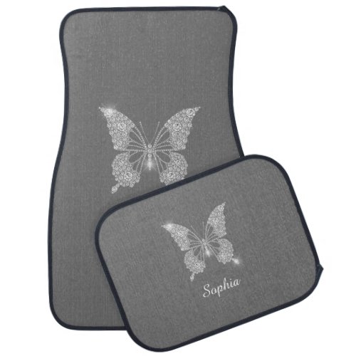 White Diamond Butterfly Script Name Grey Car Floor Mat