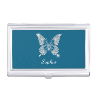White Diamond Butterfly, Script Name, Ocean Blue Business Card Case