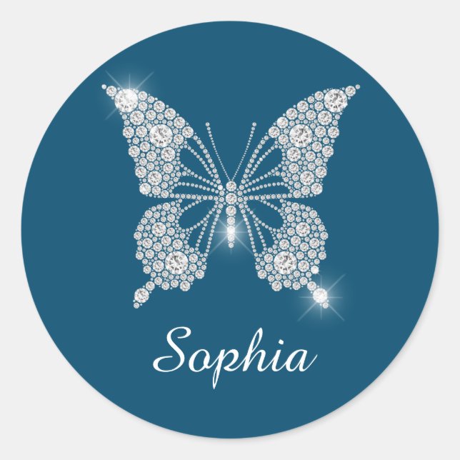 White Diamond Butterfly, Script Name, Ocean Blue Classic Round Sticker (Front)
