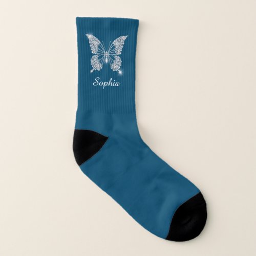 White Diamond Butterfly Script Name Ocean Blue Socks