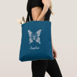 White Diamond Butterfly, Script Name, Ocean Blue Tote Bag<br><div class="desc">A classy white diamond butterfly design to personalize with white script name on ocean blue background.</div>