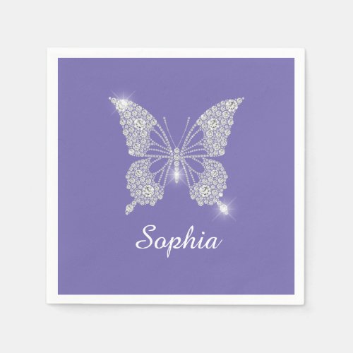 White Diamond Butterfly Script Name Periwinkle Napkins