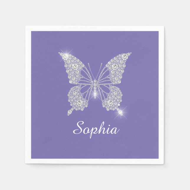 White Diamond Butterfly, Script Name, Periwinkle Napkins (Front)