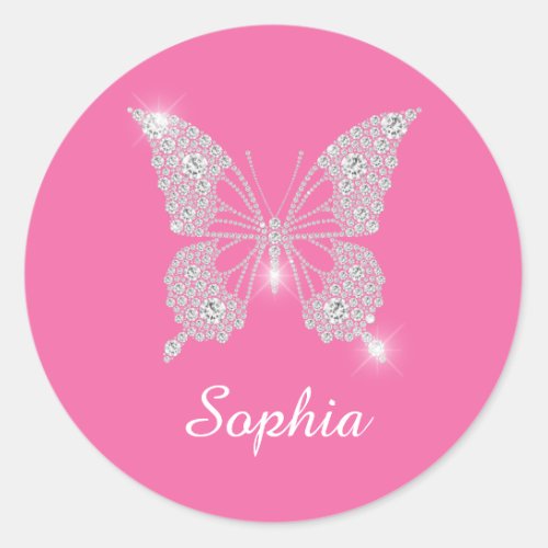 White Diamond Butterfly Script Name Pink Classic Round Sticker
