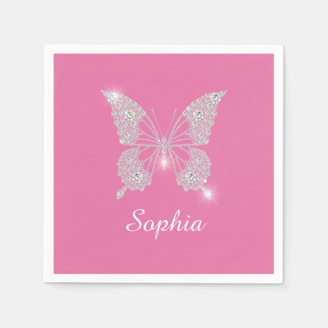 White Diamond Butterfly, Script Name, Pink Napkins (Front)