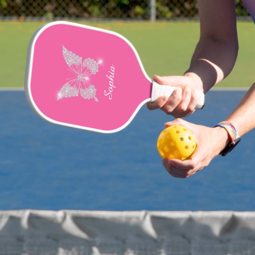 White Diamond Butterfly Script Name Pink Pickleball Paddle