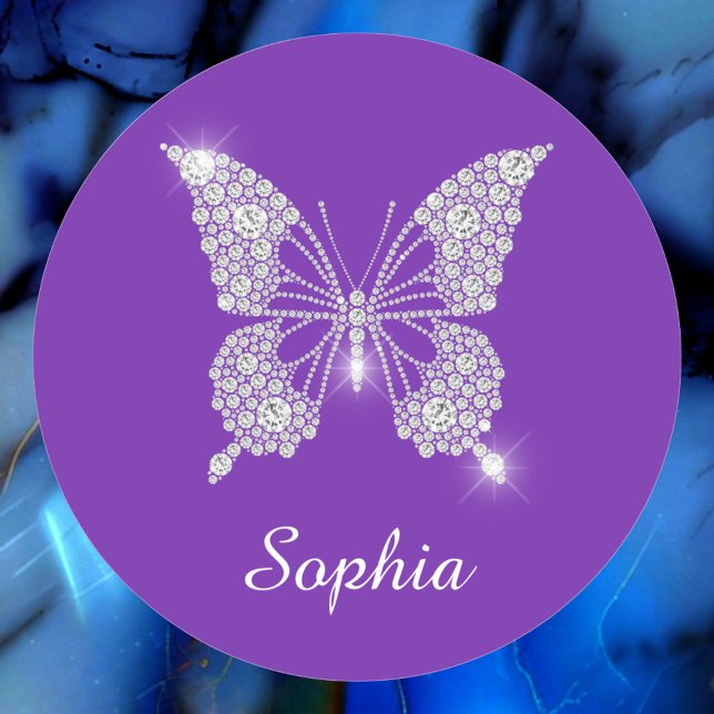 White Diamond Butterfly, Script Name, Purple Classic Round Sticker (Creator Uploaded)