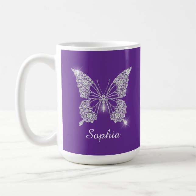 White Diamond Butterfly, Script Name, Purple Coffee Mug (Left)