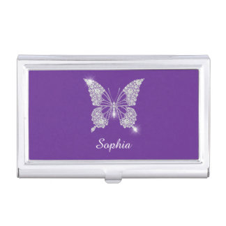 White Diamond Butterfly, Script Name, Royal Purple Business Card Case