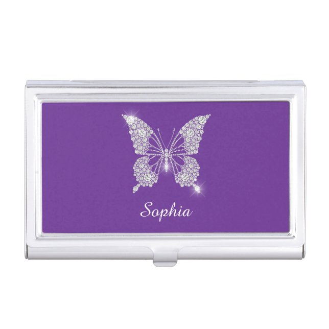 White Diamond Butterfly, Script Name, Royal Purple Business Card Case (Front)