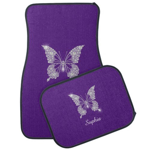 White Diamond Butterfly Script Name Royal Purple Car Floor Mat