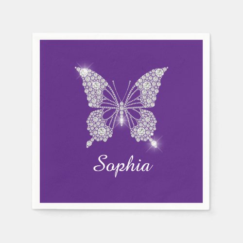 White Diamond Butterfly Script Name Royal Purple Napkins