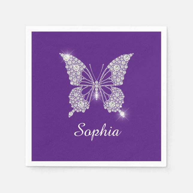White Diamond Butterfly, Script Name, Royal Purple Napkins (Front)