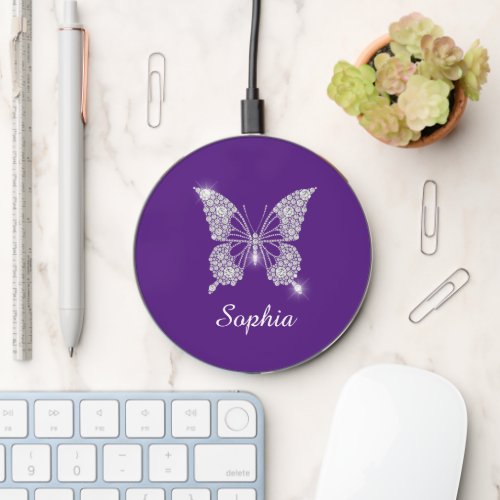 White Diamond Butterfly Script Name Royal Purple Wireless Charger