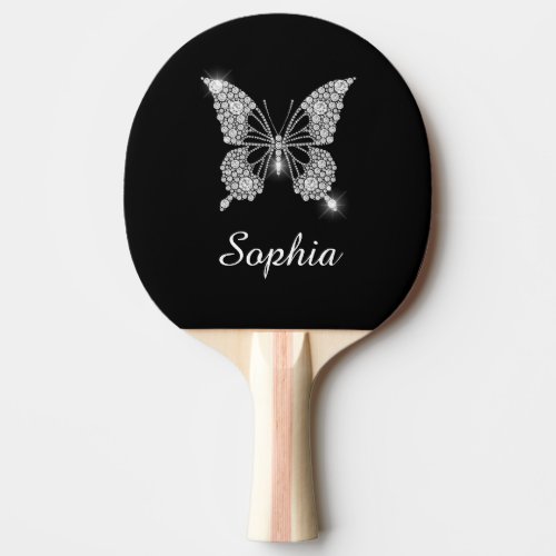 White Diamond Butterfly Sparkle Name Black  Ping Pong Paddle