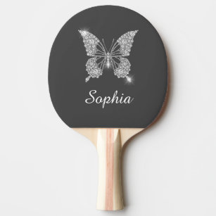 White Diamond Butterfly Sparkle, Name, Dark Grey  Ping Pong Paddle