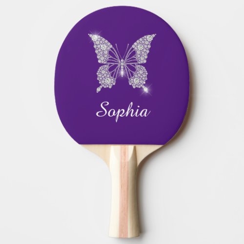 White Diamond Butterfly Sparkle Name Royal Purple Ping Pong Paddle