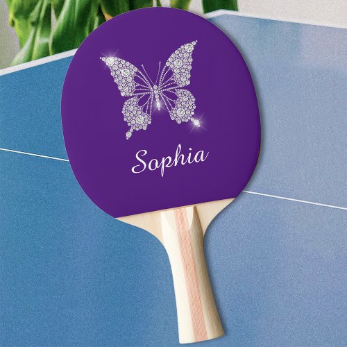 White Diamond Butterfly Sparkle Name Royal Purple Ping Pong Paddle