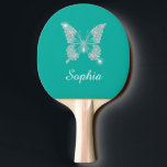 White Diamond Butterfly Sparkle Script Name, Teal Ping Pong Paddle<br><div class="desc">Personalize your name in white script on teal background with sparkling white diamond butterfly</div>