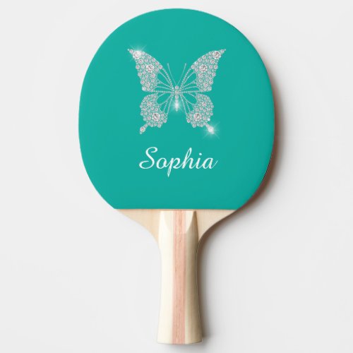 White Diamond Butterfly Sparkle Script Name Teal Ping Pong Paddle