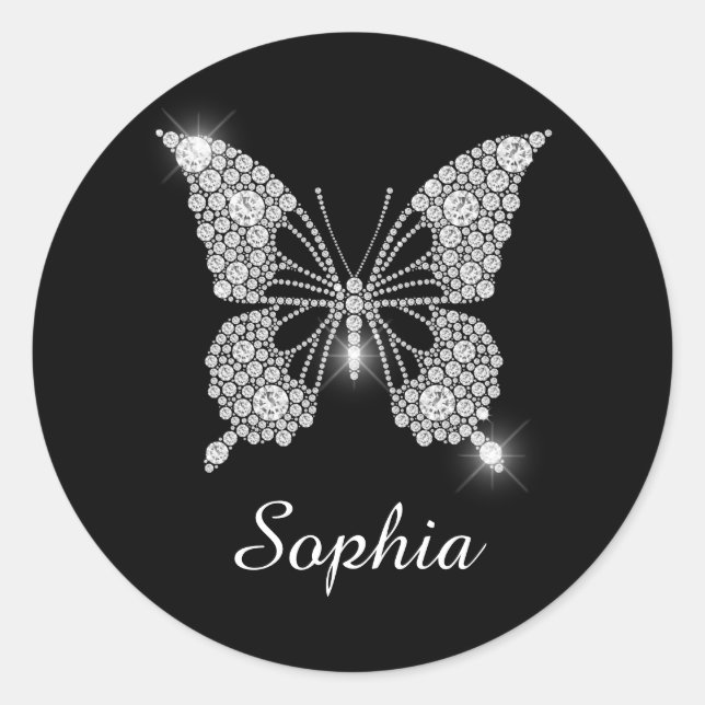 White Diamond Butterfly, White Script Name, Classic Round Sticker (Front)