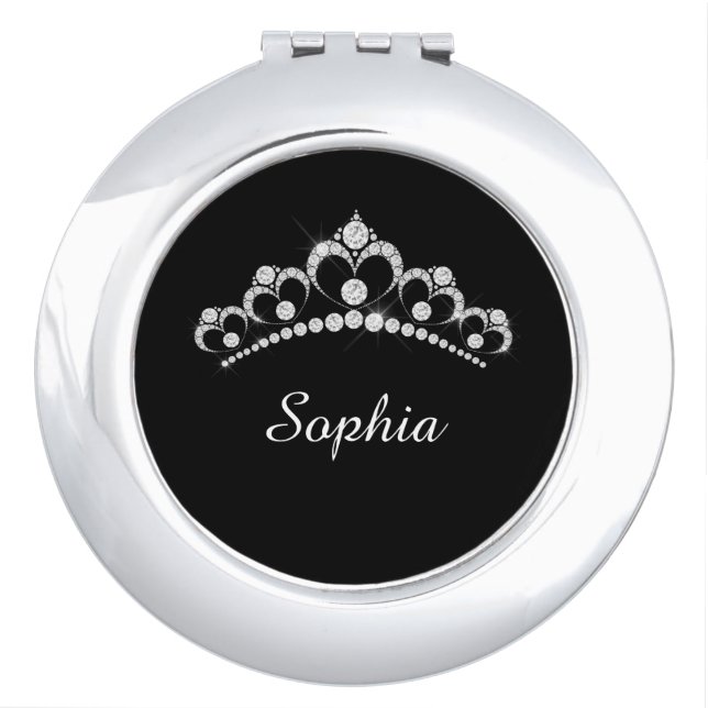 White Diamond Crown, DIY Script Name, Black Compact Mirror (Front)